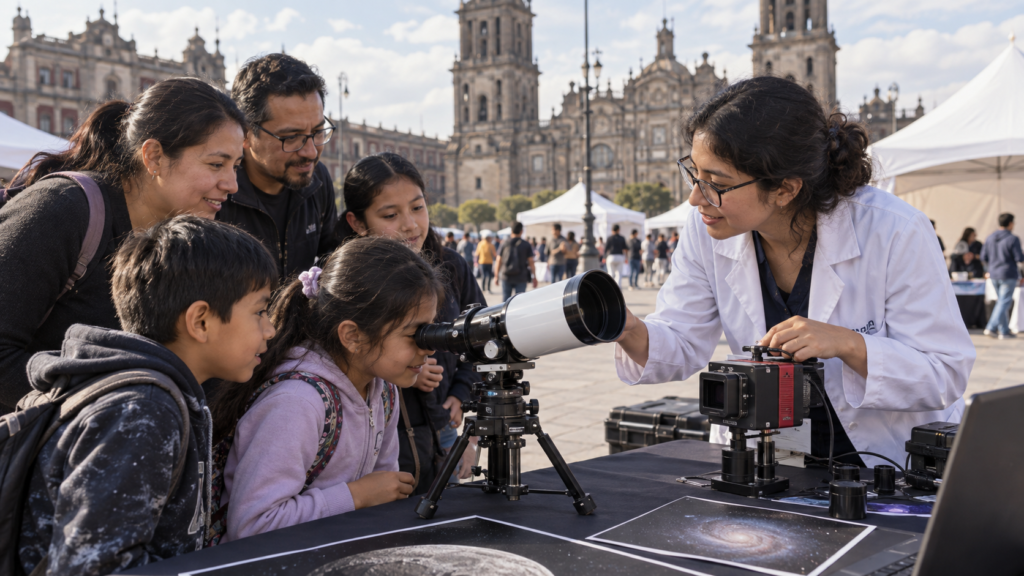 Ilustración generada con IA de una demostración de telescopios para familias en una plaza de CDMX.