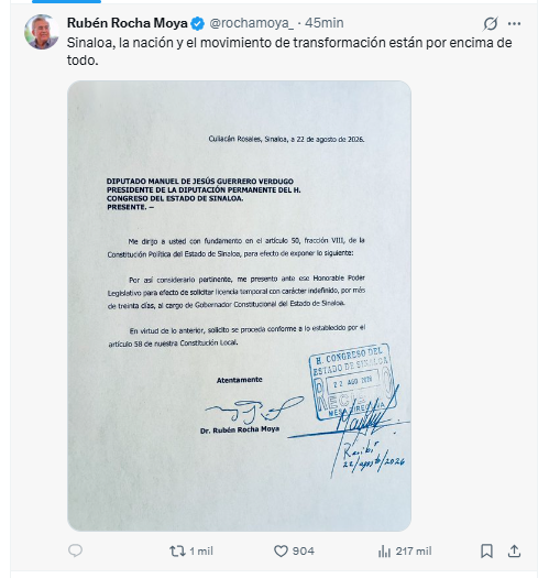 Rocha Moya vuelve a separarse del cargo: solicita licencia indefinida