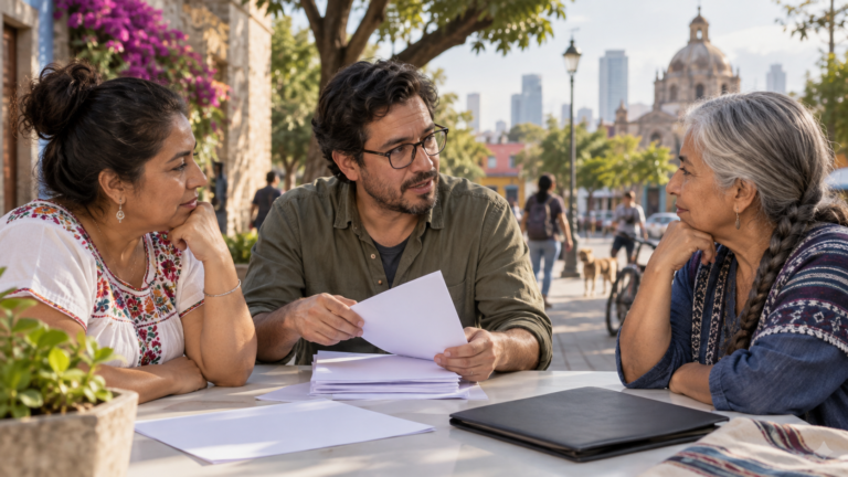 Ilustración generada con IA de tres personas dialogando sobre documentos de participación política.