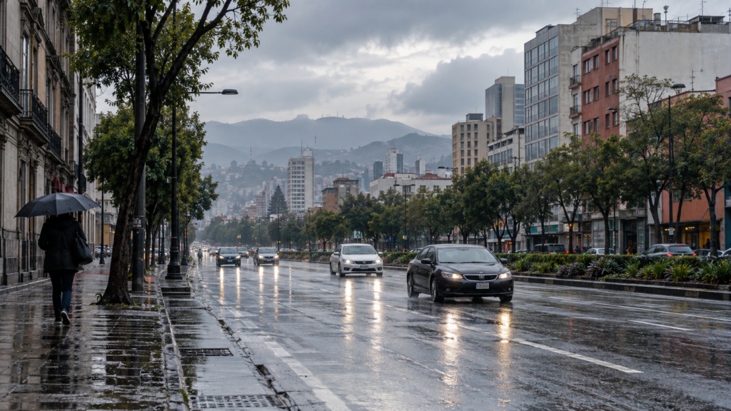 Ilustración generada con IA de un peatón con paraguas y vehículos en una avenida mojada; no es una fotografía del clima actual.