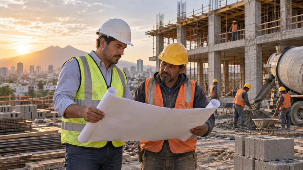 Ilustración generada con IA de un equipo de construcción que revisa planos en una obra mexicana.