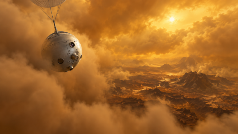Ilustración generada con IA de una sonda descendiendo entre nubes de Venus; concepto de misión futura, no fotografía del ensayo DAVINCI.