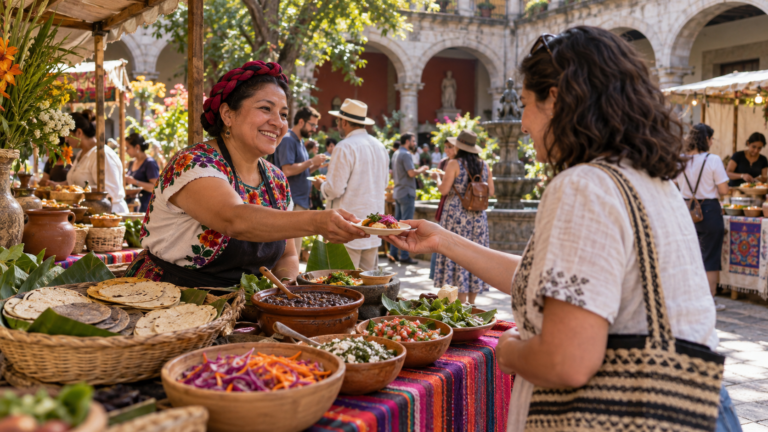 Ilustración generada con IA de una cocinera que entrega una degustación a un visitante en una feria cultural.