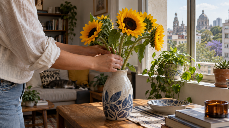 Ilustración generada con IA de manos acomodando girasoles amarillos en un florero dentro de un hogar.