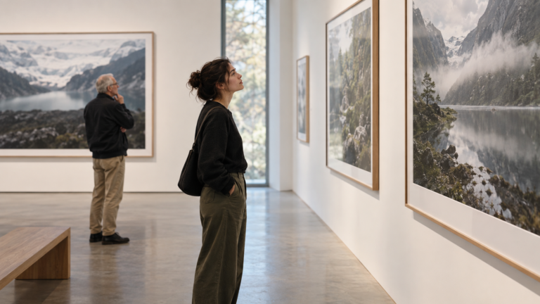 Dos visitantes observan fotografías de naturaleza en una galería; ilustración generada con IA, no montaje real del festival.
