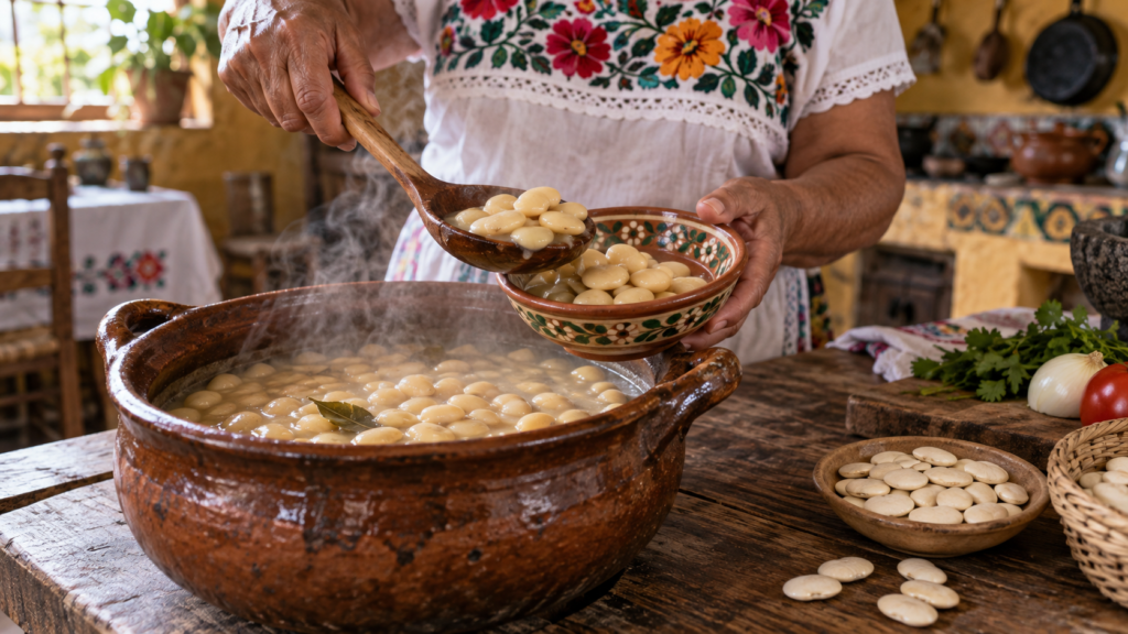 Ilustración generada con IA de frijoles lima cocidos servidos en una cocina yucateca.