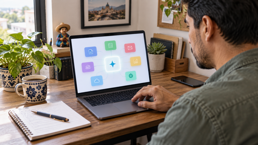 Ilustración conceptual de una computadora con tarjetas de aplicaciones conectadas a un asistente de inteligencia artificial; no representa una interfaz real.