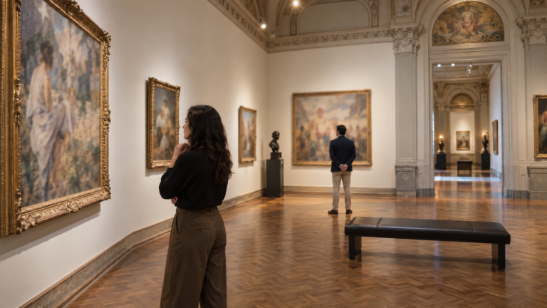 Visitantes observan cuadros en una galería; ilustración editorial generada con IA, no fotografía del montaje del MUNAL.