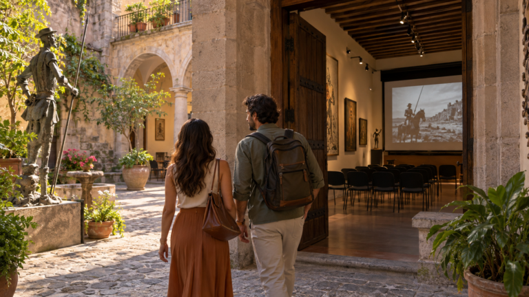 Ilustración generada con IA de viajeros que entran a un museo colonial de Guanajuato para una visita cultural.