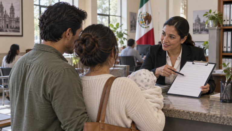 Ilustración generada con IA de una familia con un bebé que recibe orientación en una oficina del Registro Civil.