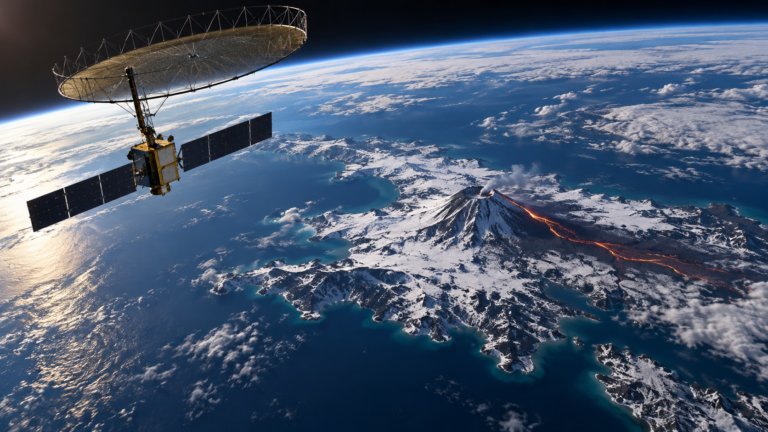 Ilustración conceptual generada con IA de un satélite de radar observando un volcán remoto; no es una fotografía ni un mapa medido de NISAR.